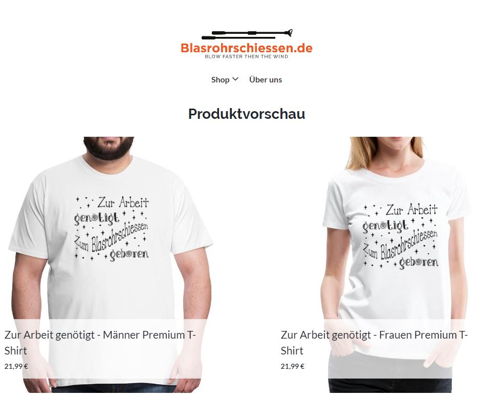 Shop auf Blasrorhschiessen.de mit Designs rund um das Thema Blasrohrsport.